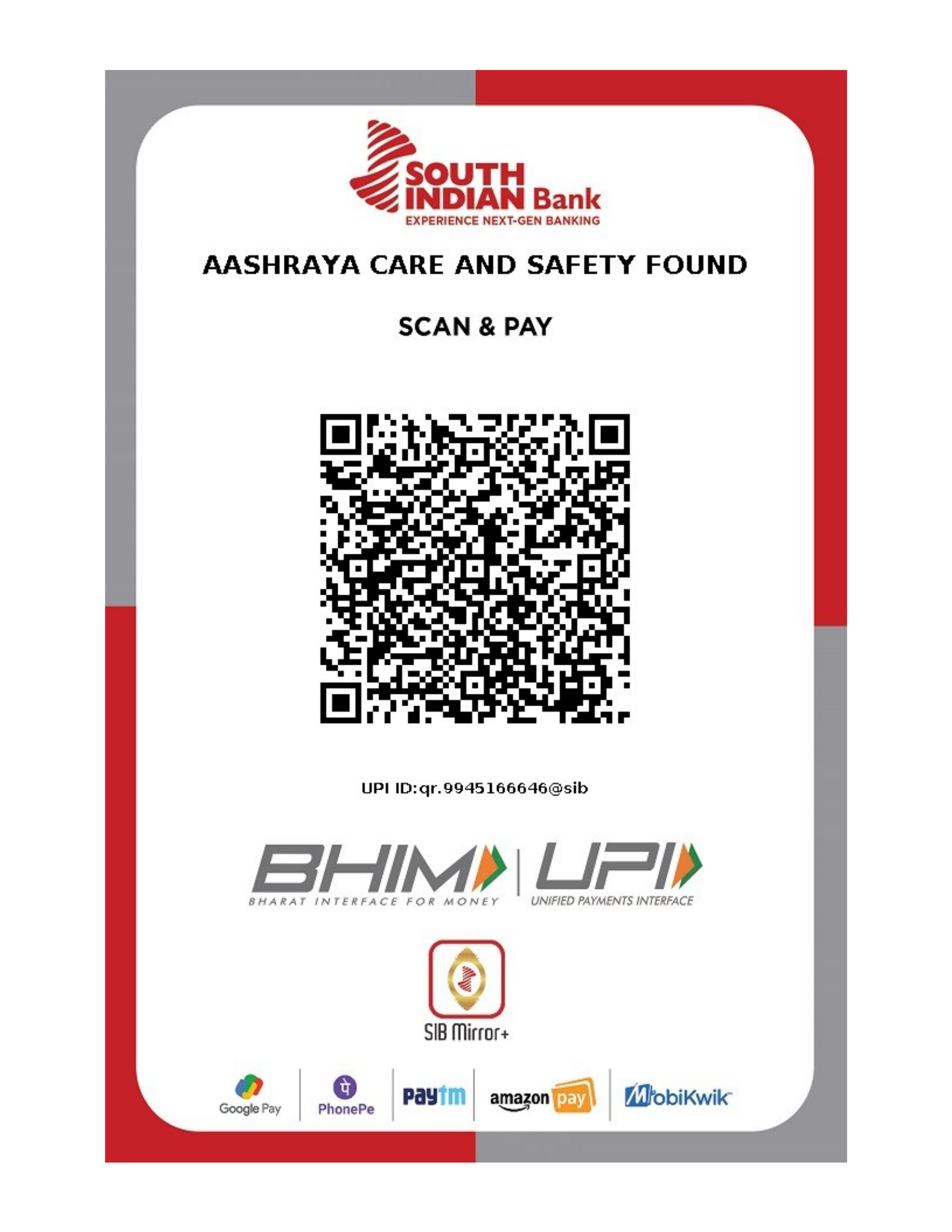 Aashraya Care and Safety Foundation donation QR code